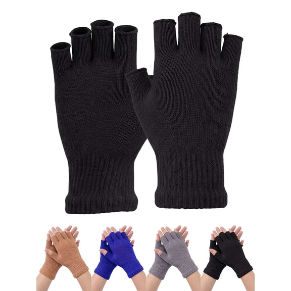 Deago 2 Pairs Winter Half Finger Gloves Knitted Fingerless Mittens Warm Stretchy Gloves for Men and Women (Black)