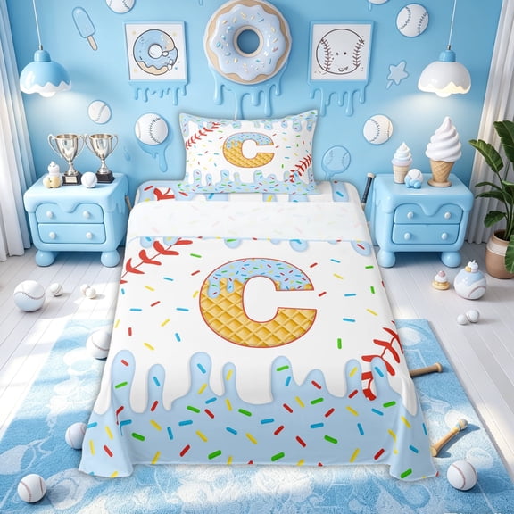 Meiyoeat Baseball Ice Cream Twin Sheet Sets for Boys Girls, Blue Initial C Letter Bedding, 3 Pieces
