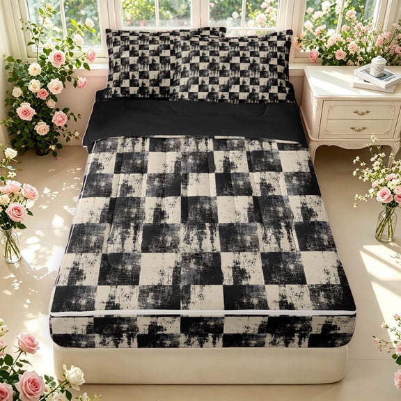 Manfei Classic Checkered Zipper Twin Comforter Sets with Fitted Sheet and 2 Pillowcases,Rustic Plaid Zipper Bedding Set,Beige White,Black Reversible,4pcs