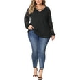 thumbnail image 2 of Blusa casual de mujer de talla grande Agnes Orinda con doble capa, encaje, mangas largas, escote en V, transparente, 4X, negra, 2 of 6