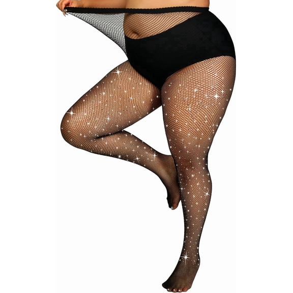 Fiykzur Plus Size Women's High Waist Sparkly Fishnet Tights - Glitter Mesh Stockings, Shiny Hosiery for XXL-4XL