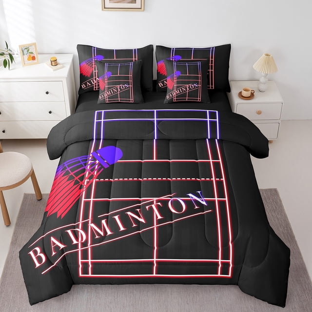 YST Ensemble Literie Badminton 7 Pcs, Ensemble de Couette Grand Lit, Bleu Marine Rouge (Noir Réversible)