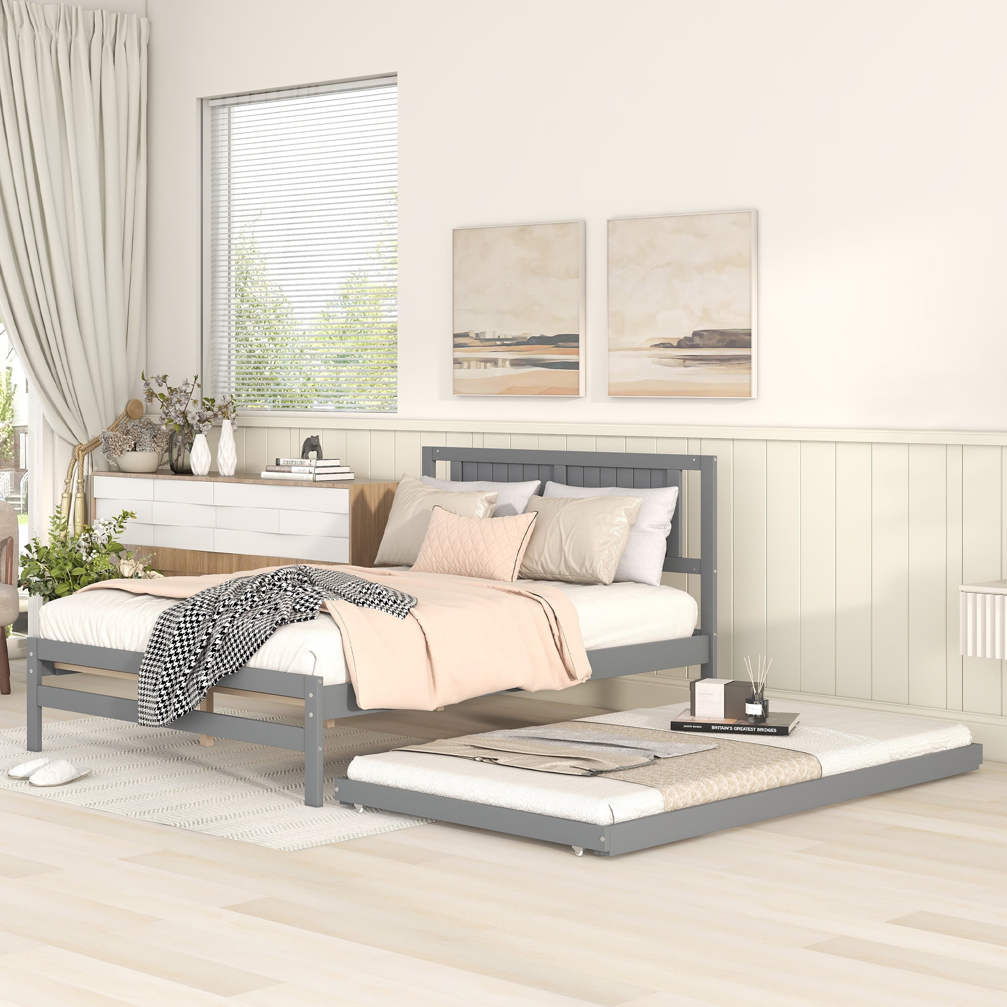 Euroco Pine Wood Full Bed with Trundle, Convertible Beds, Gray