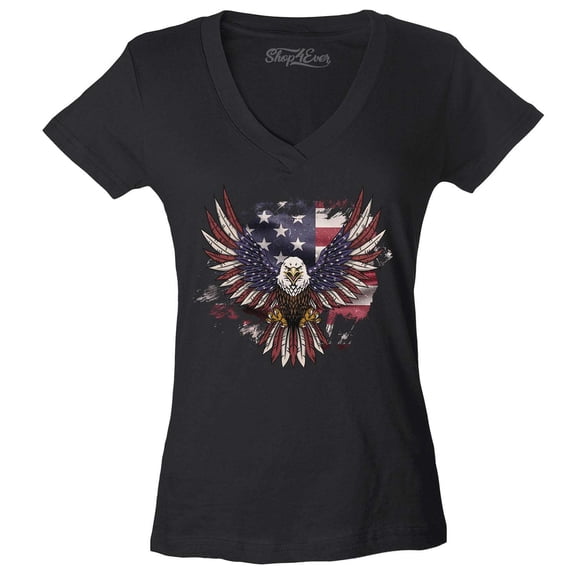 Shop4Ever Women's American Bald Eagle USA Flag Slim Fit V-Neck T-Shirt Medium Black