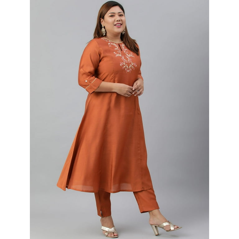 XL LOVE by Janasya Indian Women s Plus Size Rust Orange Poly Silk