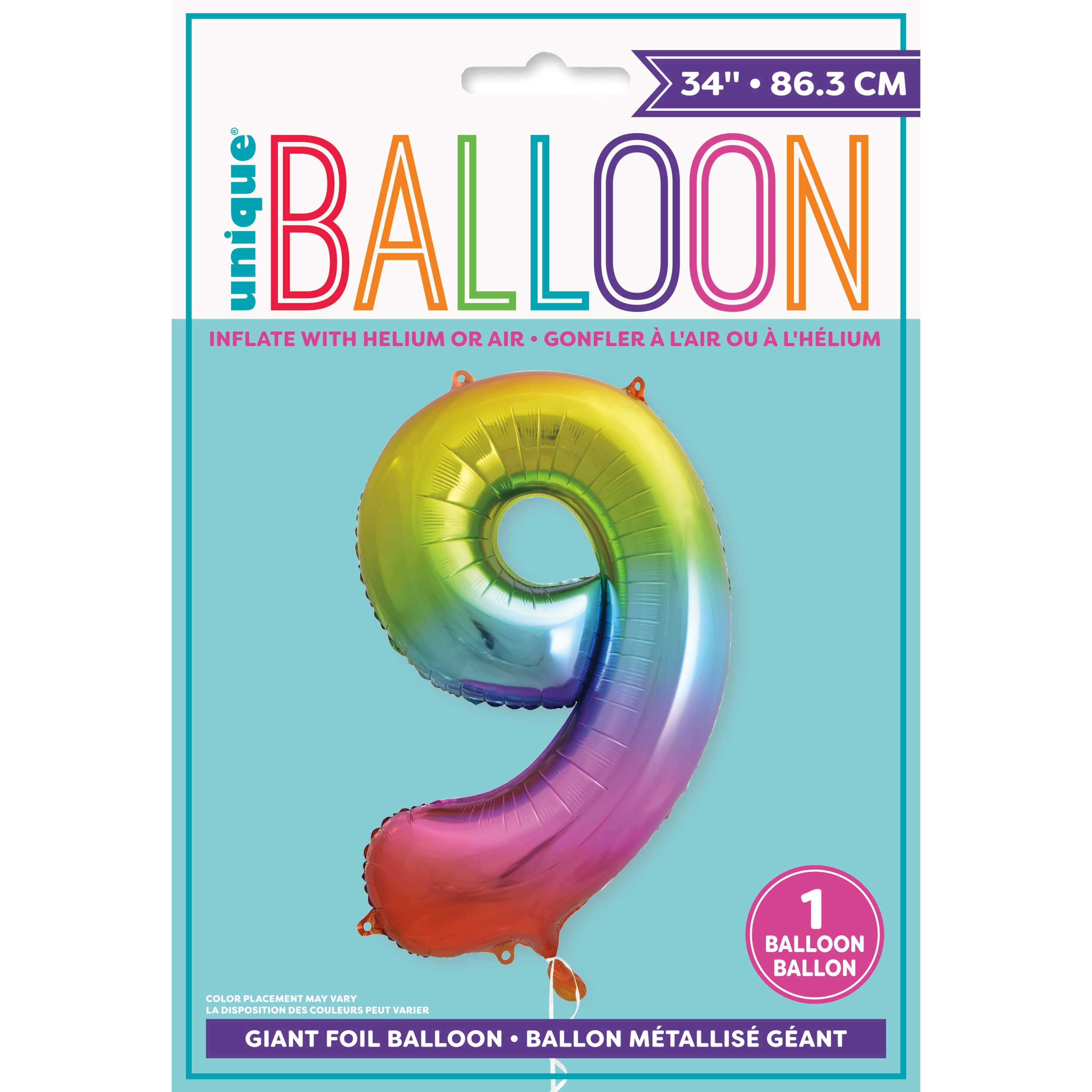 Foil Big Number Balloon, "9", Rainbow, 34in