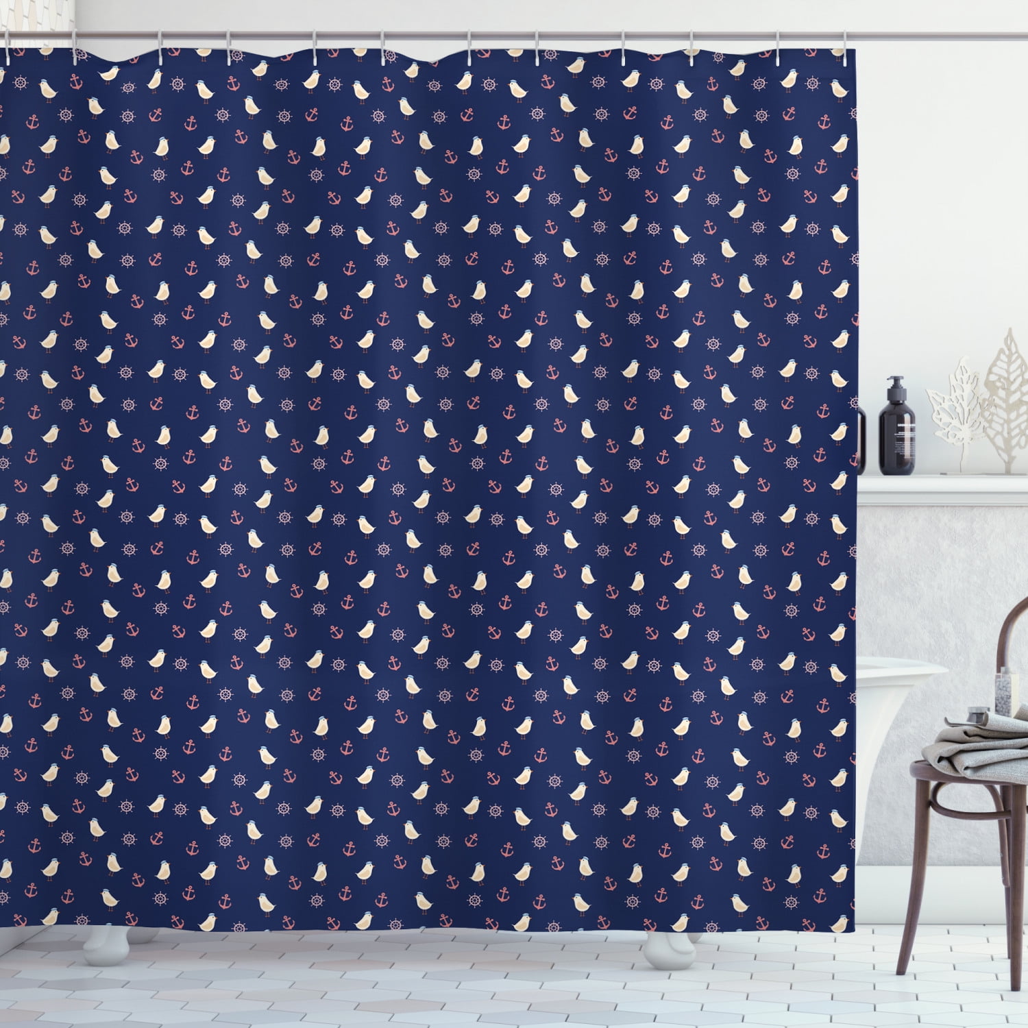 Blue Nautical Shower Curtain, Ocean Elements Birds in Marine Hats