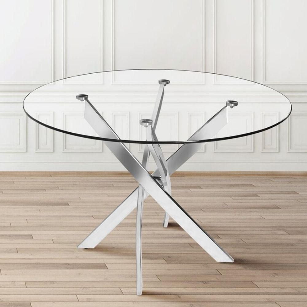 Star Round Glass Dining Table with Metal Star base in Shinny Chrome, Glass Dining Table 48"