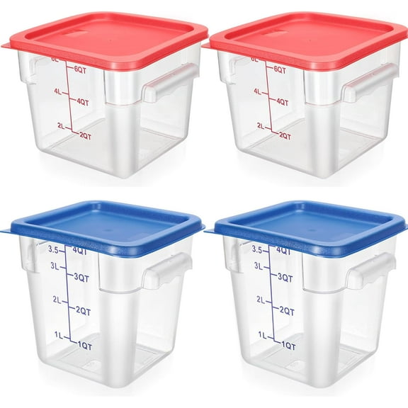 4 Pcs Food Storage Containers with Scales 8 qt and 4 qt Square Containers with Lids and Handles Polycarbonate Air Tight for Home Storage Kitchen Restaurant(Red, Blue)