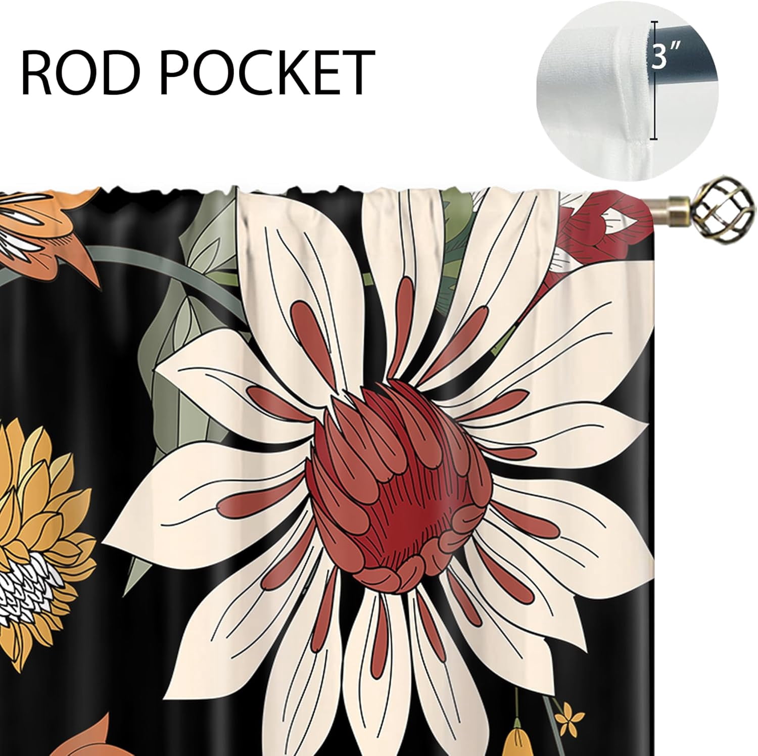 Boho Floral Window Curtains Black Bohemian Flower Botanical Rod Pocket Mid Century Modern Abstract Leaves Curtain Drapes Herb Curtains for Bedroom Living Room Treatment 2 Panels 42Wx63H Inch