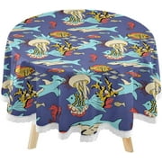 SKYSONIC Ocean Jellyshark Summer Round Tablecloth 60inch Indoor Wrinkle Free, Sea Life Fish Circular Lace Table Cover Washable for Kitchen Party BBQ Dining Decor
