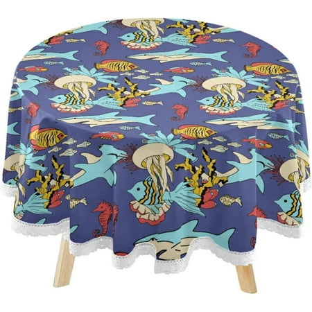 SKYSONIC Ocean Jellyshark Summer Round Tablecloth 60inch Indoor Wrinkle Free, Sea Life Fish Circular Lace Table Cover Washable for Kitchen Party BBQ Dining Decor