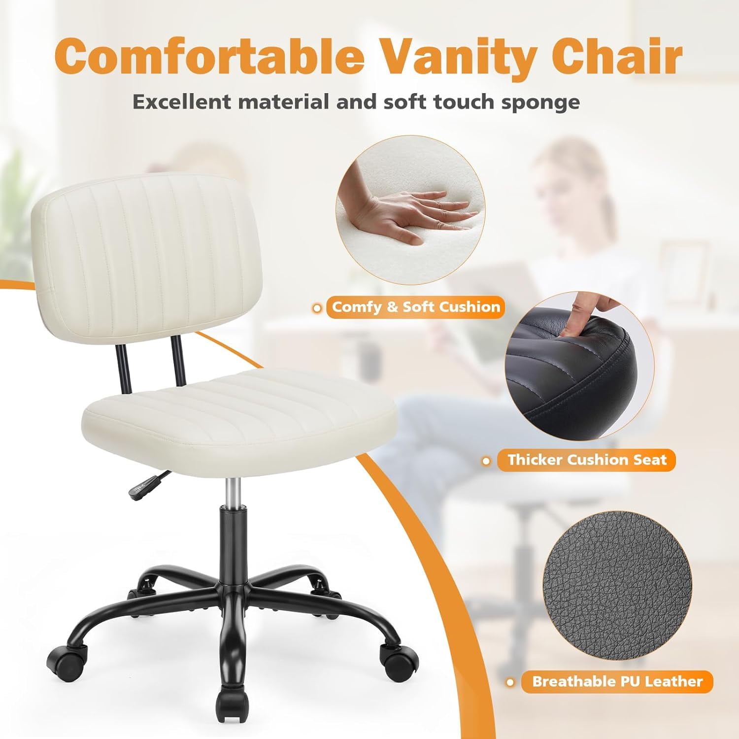Atilioo Office Desk Chair, Armless Computer Chair with Wheels, PU Leather, Lumbar Support, 360° Rolling Swivel Task Chair for Home Office, White