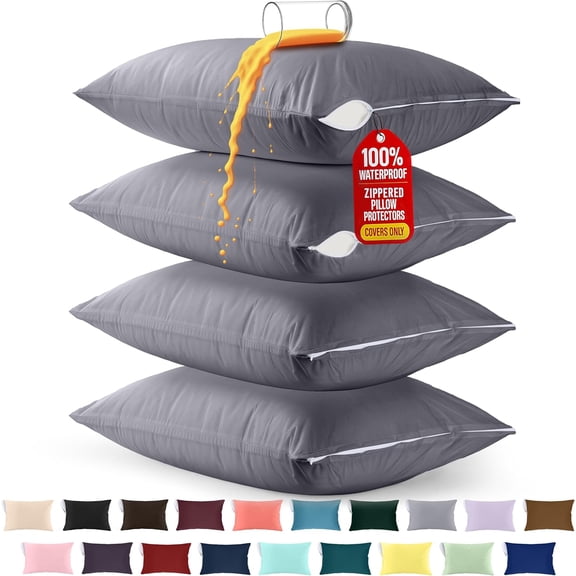 Premium 100% Waterproof Pillow Protectors with Zipper Standard Size (Set of 4), Bed Bug and Dust Mite Proof Zippered Pillow Covers, Pillow Encasement Cases, Gray