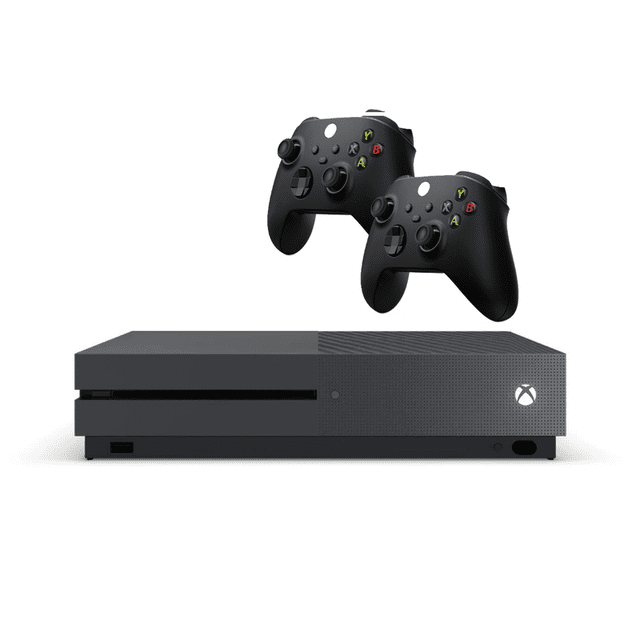 Restored Microsoft Xbox One S Game Console Storm Gray Disc Edition 500GB with Two Retrofam Controllers (Refurbished)