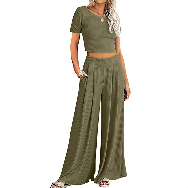 Womens Summer 2023 Two Piece Casual Outfits Ribbed Knit Short Sleeve Crop Tops  Wide Leg Palazzo Pants with Pockets 