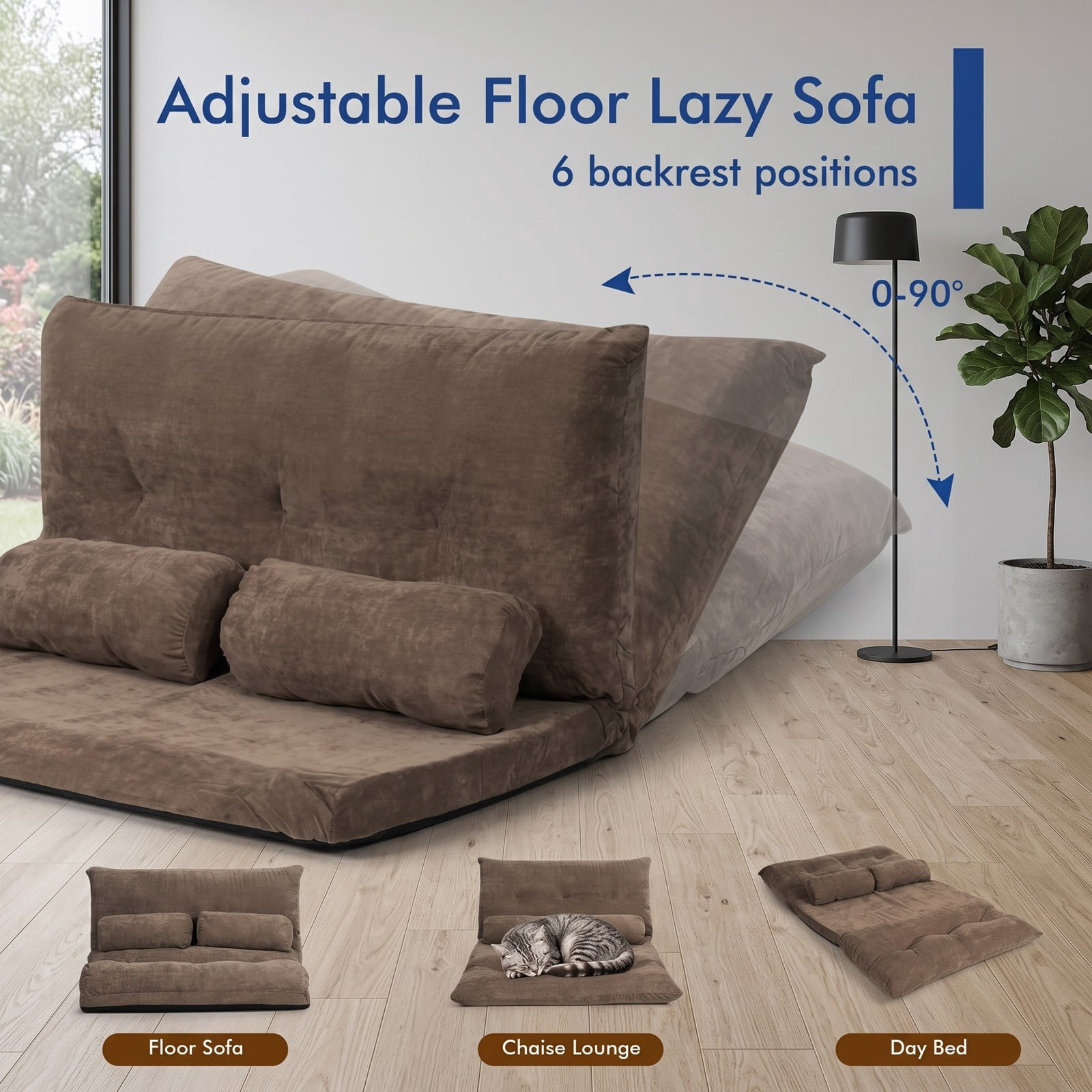 Furnibear 6-Position Adjustable Floor Sofa Bed, Foldable Sleeper Lounge Couch with 2 Pillows, Padded Corduroy Recliner Chair for Living Room Bedroom, 330, Coffee Brown