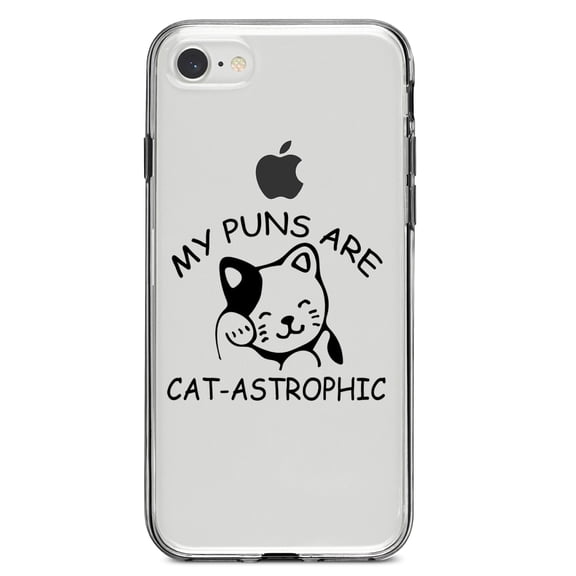 DistinctInk Clear Shockproof Hybrid Case for iPhone 7 8 SE (2020 Model) 4.7" Screen TPU Bumper Acrylic Back Tempered Glass Screen Protector - My Puns Are Cat-Astrophic