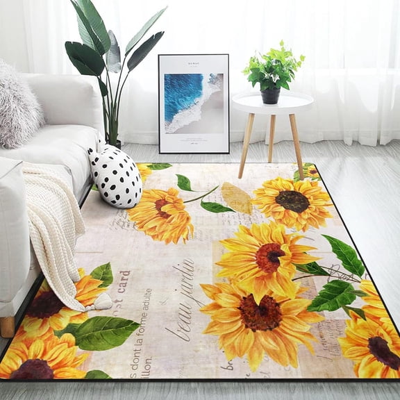 FREEAM Vintage Sunflower Butterfly Oil Painting Artwork Area Rug Mat for Living Dining Dorm Room Bedroom Home Decorative 7' x 5'