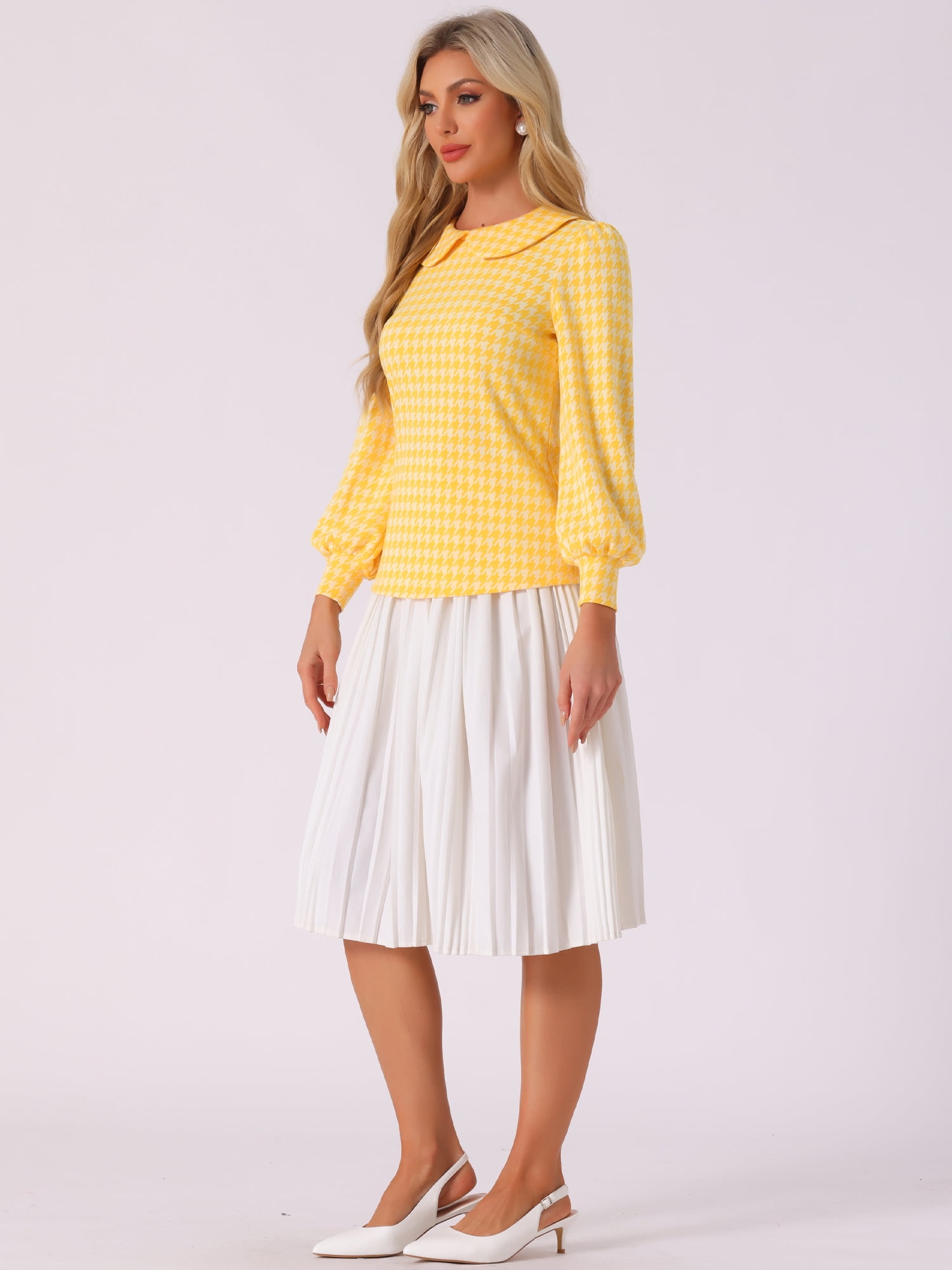 DARING DIVA Women's Peter Pan Collar Houndstooth Plaid Blouse S Yellow White