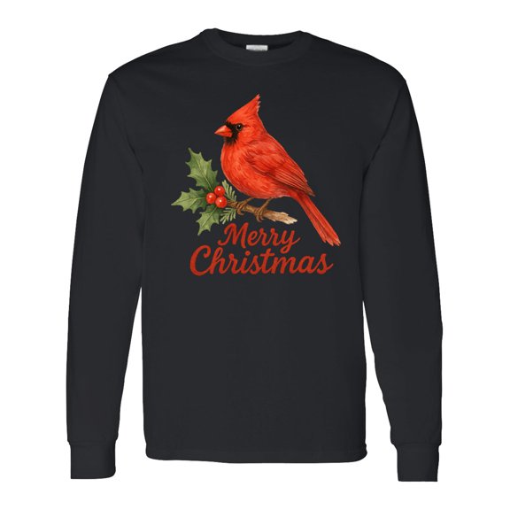Inktastic Merry Christmas Cardinal with Holly Long Sleeve T-Shirt