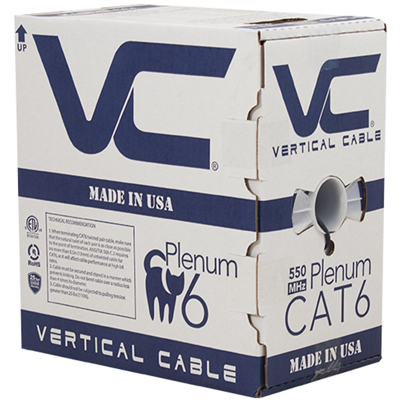 Vertical Cable 166-250/P/BK CAT6, 550 MHz, UTP, 23AWG, 8C Solid Bare  Copper, Plenum, 1000ft, Black, Bulk Ethernet Cable Made in USA 
