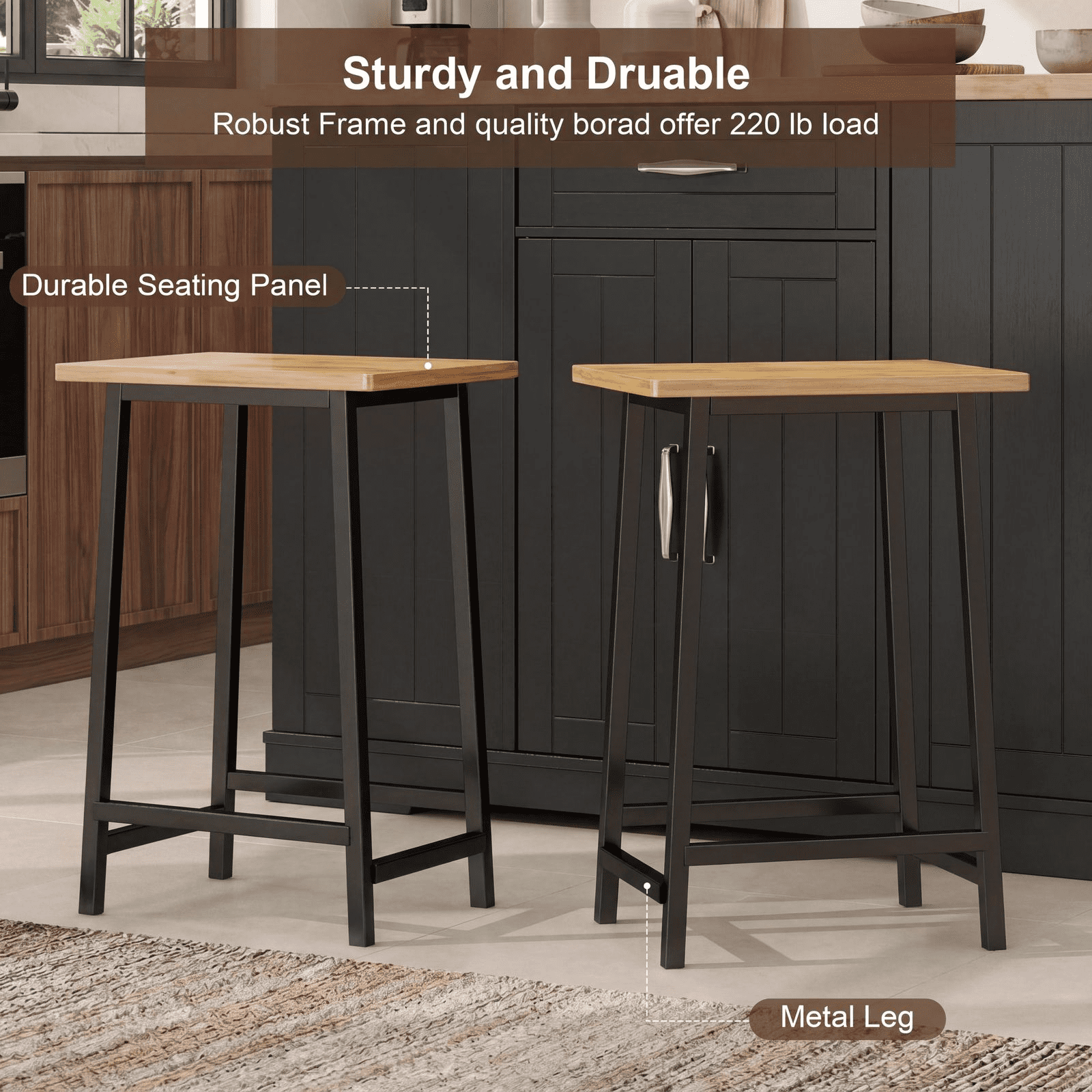 ROGALIS 47"Kitchen Island with 2 Chair, Stationary Island Table with Power Outlet, USB Ports, Spice Rack, Trash Cabinet, and Foldable Drop Leaf for Home Bar or Dining Room,Black