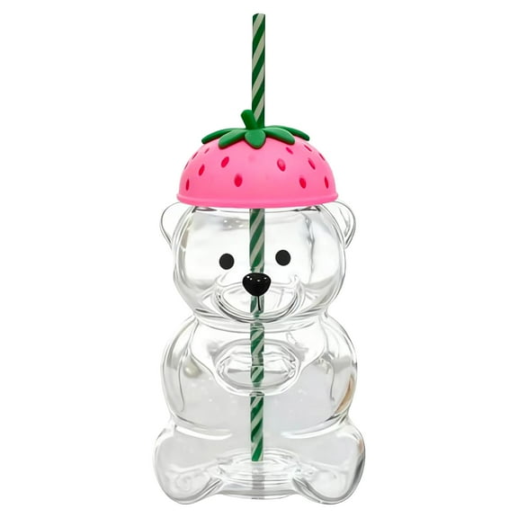 Bear Glass Cup with Lid and Straw Glass Bear Coffee Cup Bears Shaped Tumbler(A)