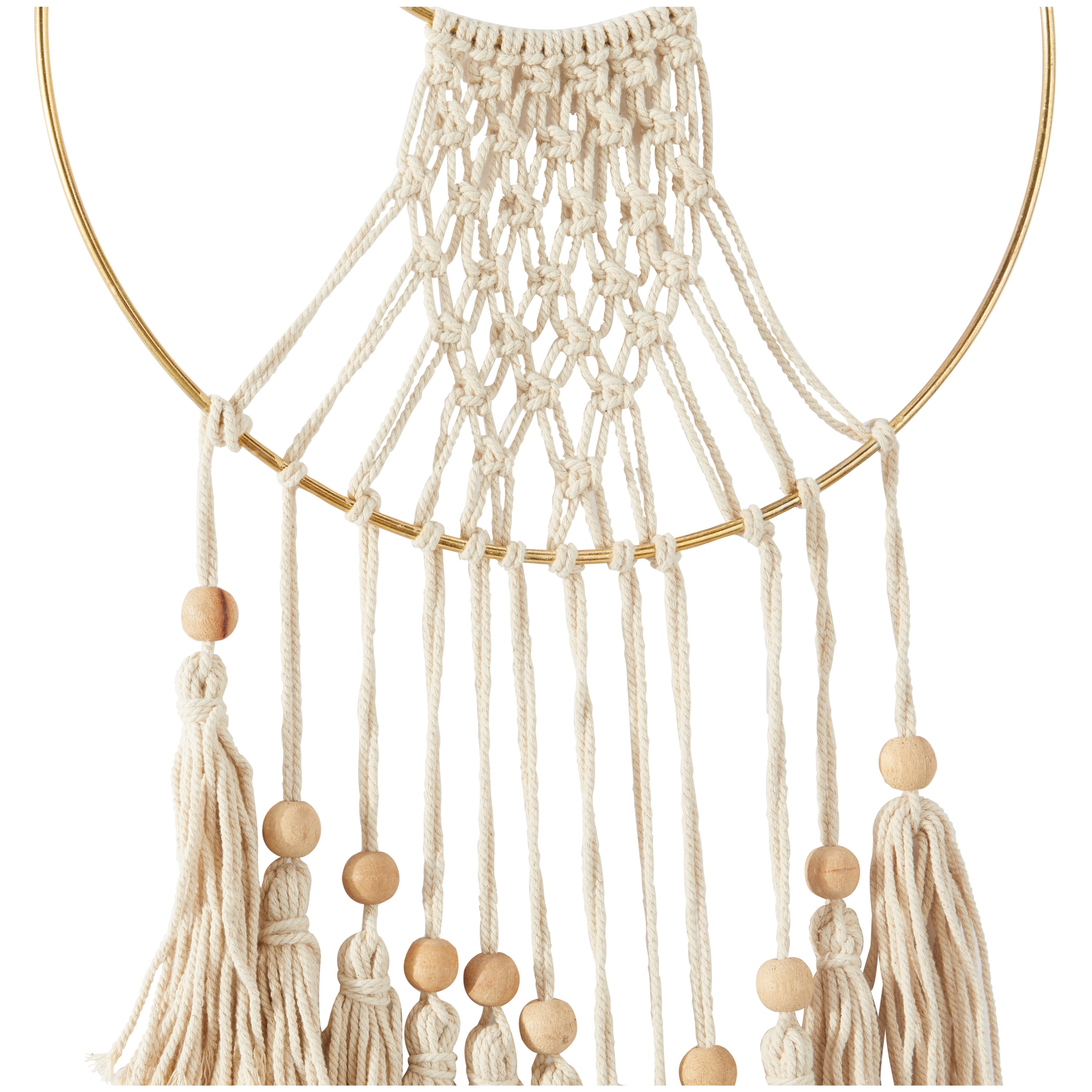 DecMode Cream Cotton Handmade Macrame Wall Decor with Wood Beads and Gold Circular Frame