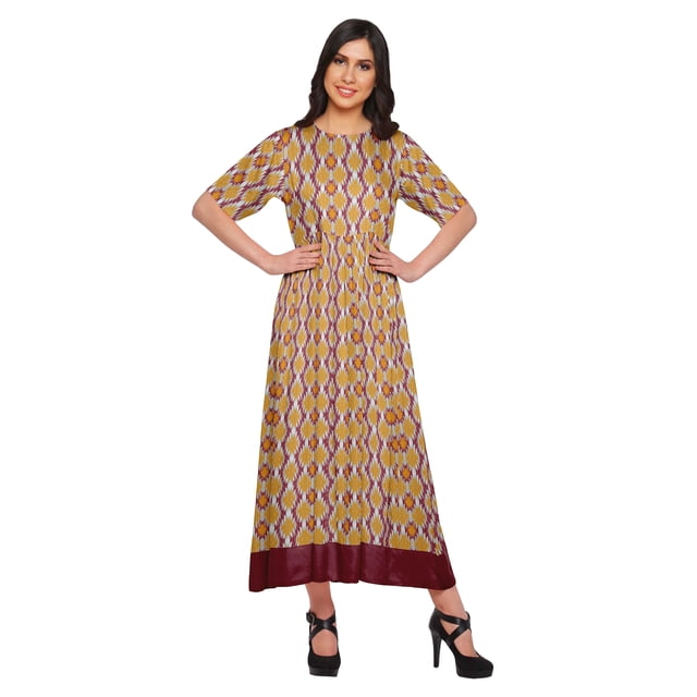 Moomaya Robe Kurti Tunique Longue Ligne A pour Femmes, Manches au Coude, Kurti Décontractée Imprimée
