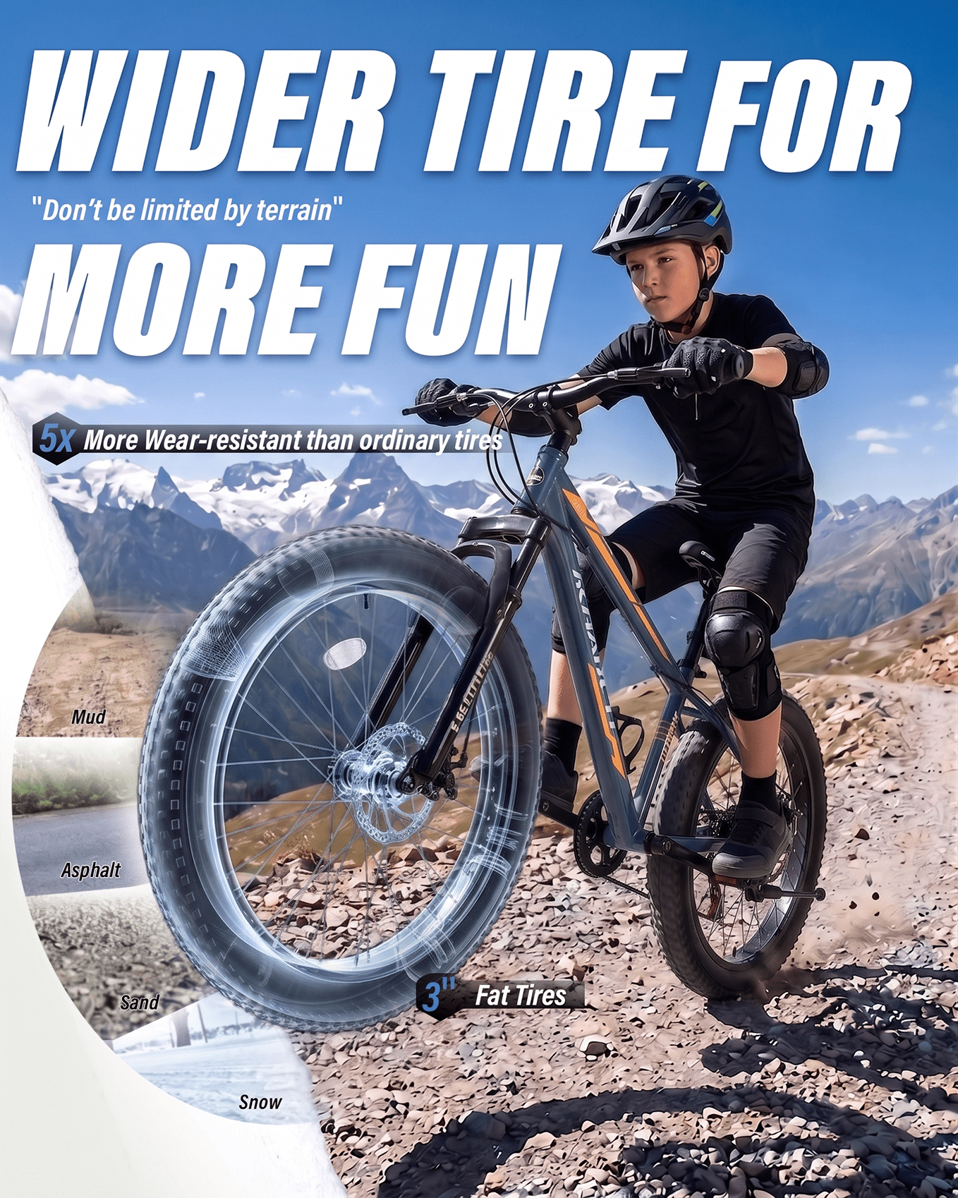 24 inch Fat Tire Mountain Bike, Outdoor Cycling Bike with 7-Speed for Boys Girls, High Carbon Steel Frame, Dual Disc Brake, Wide Tires, Suspension Fork, Anti-Slip Bikes, Gray Blue
