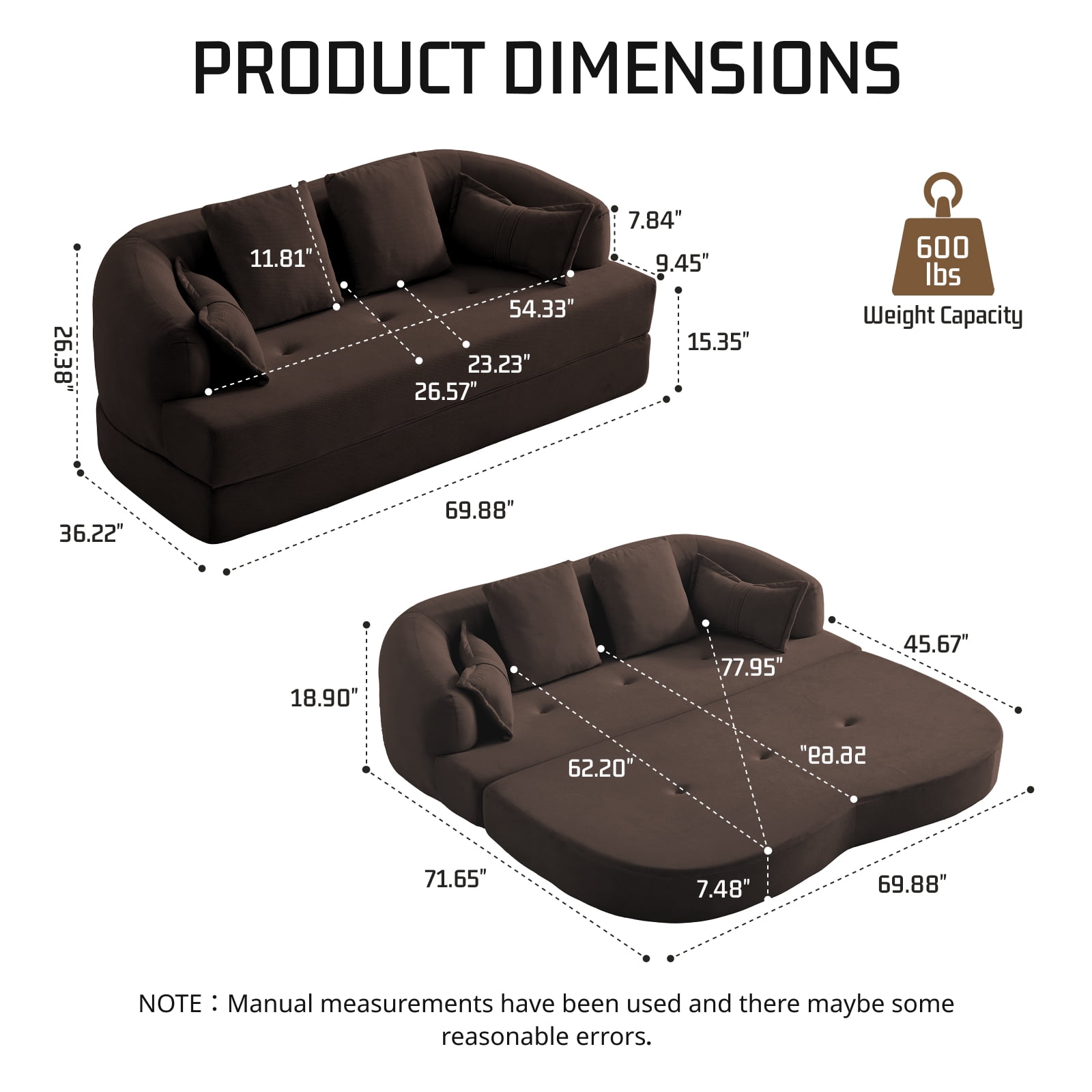 Lunale 70" Convertible Sofa Bed, 2-in-1 Sleeper Sofa, Chenille Boneless Couch for Small Spaces, Brown