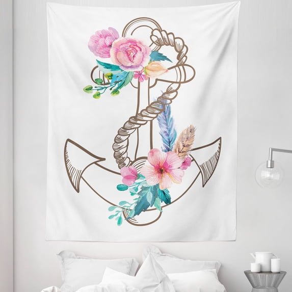 Anchor Tapestry, Watercolor Spring Blossoms and Feathers on a Doodle Style Anchor, Fabric Wall Hanging Decor for Bedroom Living Room Dorm, 5 Sizes, Brown Pale Pink, by Ambesonne