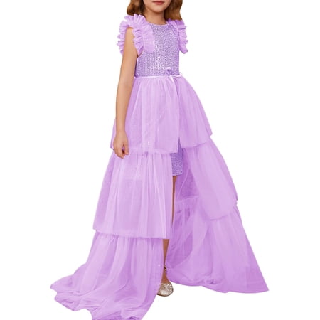 Drtj 2-14T Kids Teens Girls Dresses Sequin Party Formal Pageant Dress Tween Birthday Tulle Prom Princess Maxi Dress