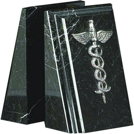 Marble Medical Caduceus Bookends - Black Marble Medical Caduceus Bookends