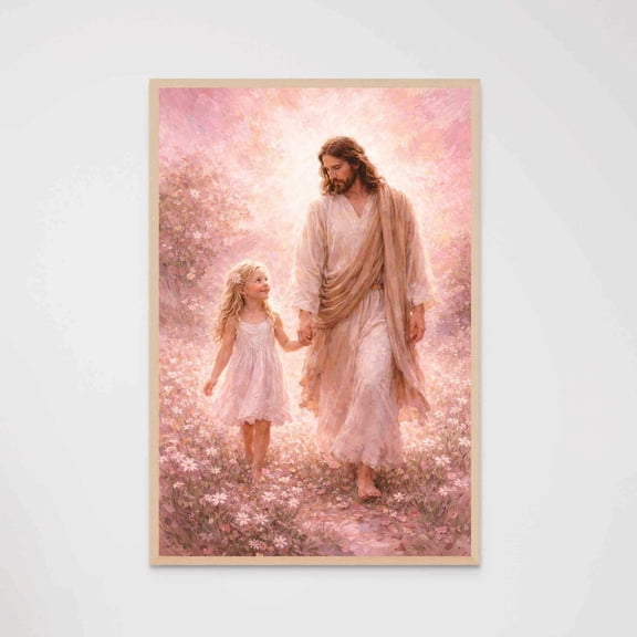 Days With Him Christian Jesus Walking With Girl Art Bible Wall Children Nursery, Unframed Paper Poster 8x10in