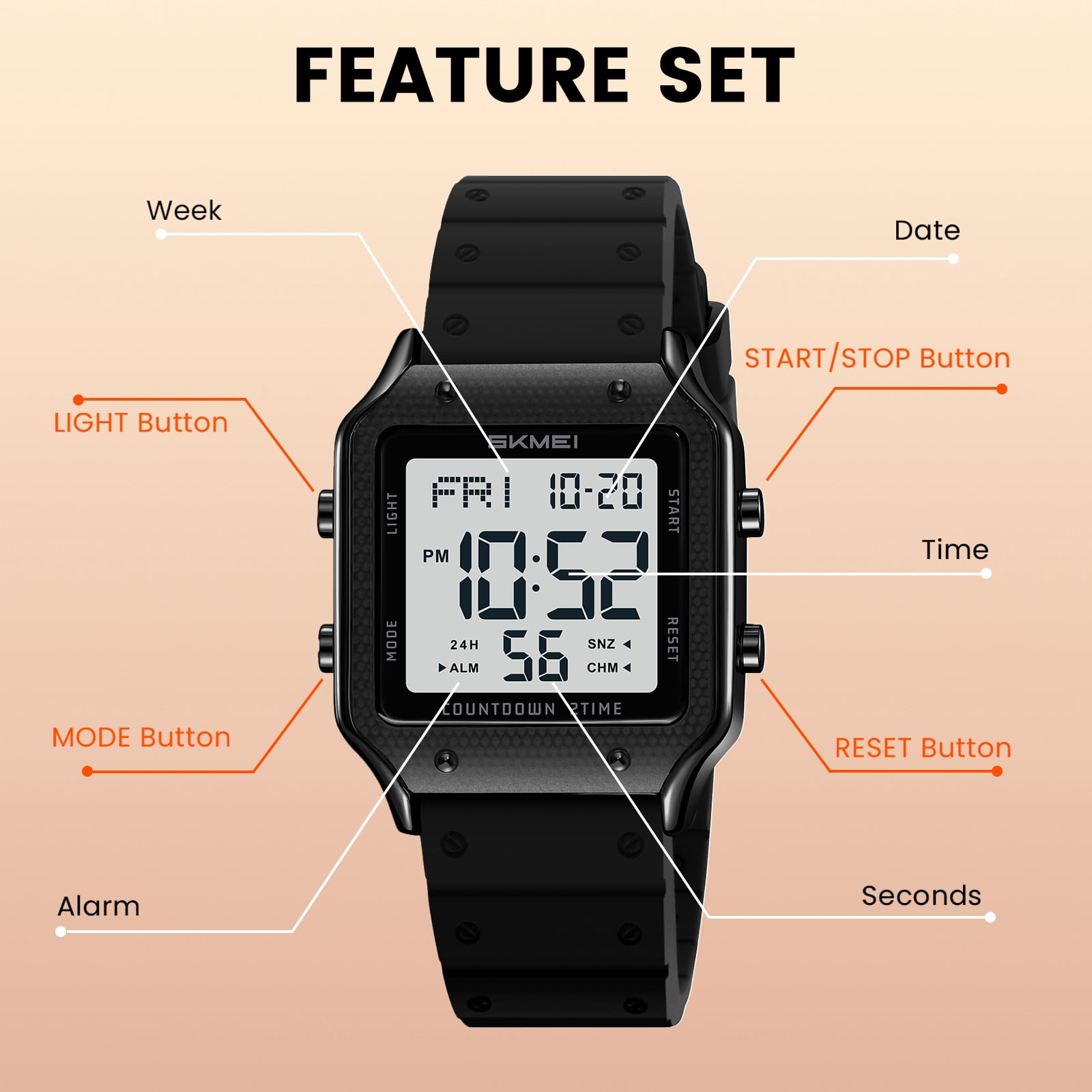 SKMEI Watches for Women Outdoor Sport Digital Watch Waterproof Chronograph Womens Wristwatch with Alarm/Back Light/Dual Time