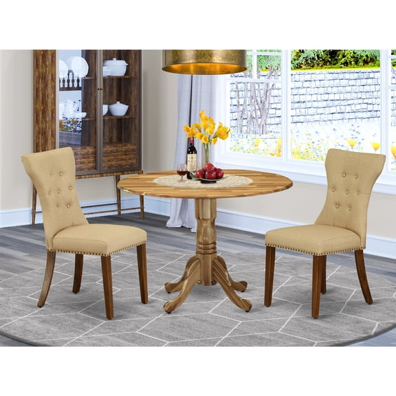 Round Dining Table Set with 2 Parsons Chairs - Kitchen Table & Chairs Set - Brown Linen Fabric - Natural Wood Finish