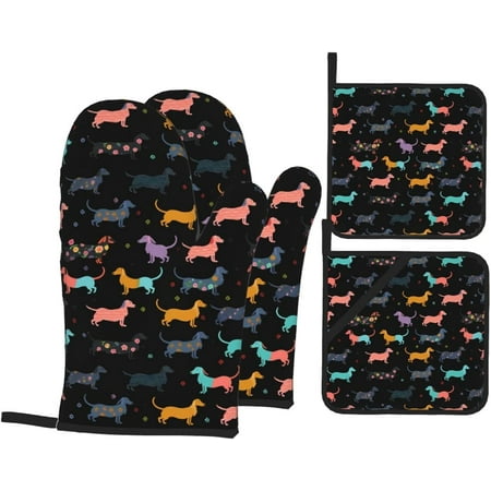 

Oven Mitts and Pot Holders Sets of 4 Cartoon Puppy Kitchen Gloves for Cooking Baking Funny Dogs Hot Pads BBQ Potholders