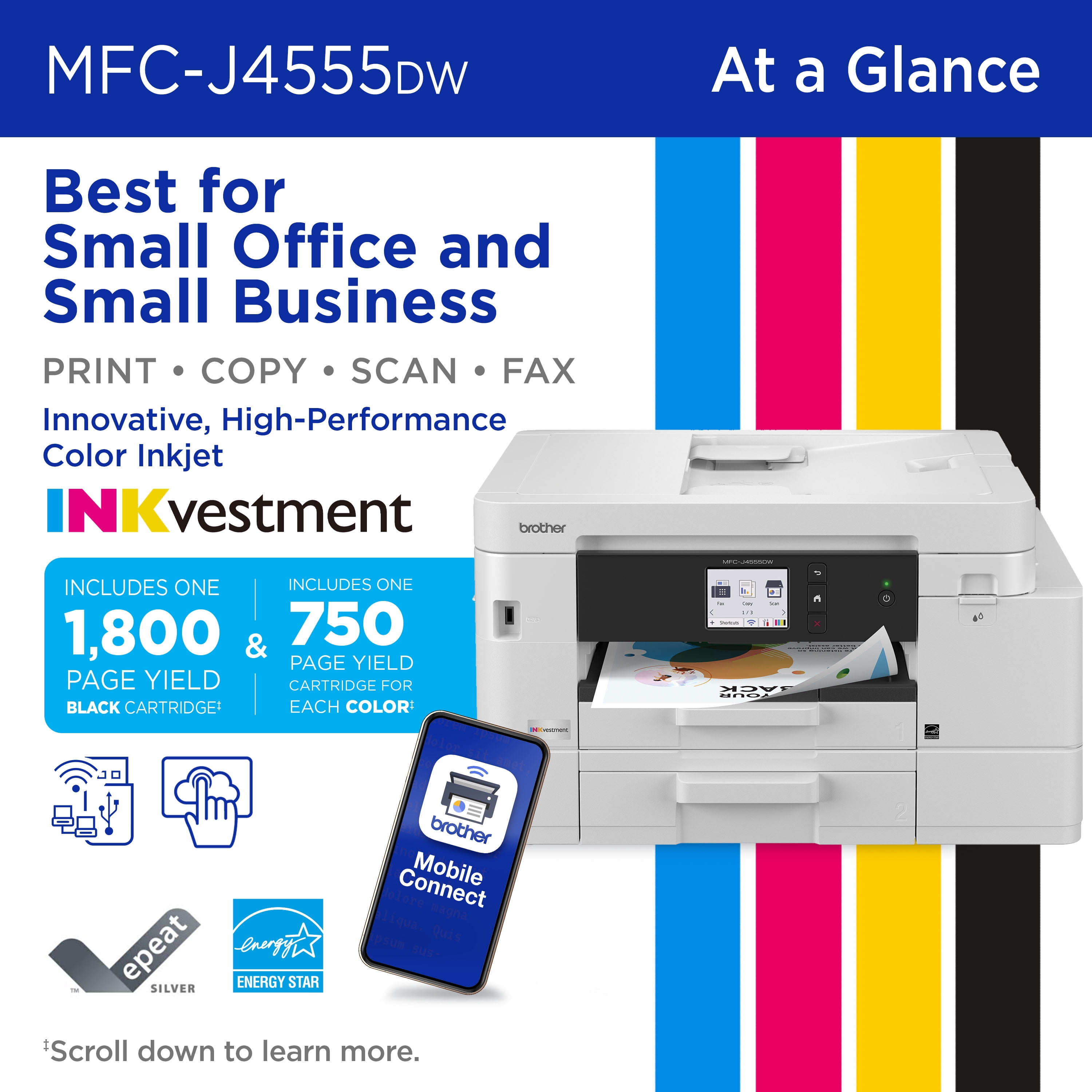 Brother INKvestment 4555 MFC-J4555DW Wireless Color Inkjet All-in-One Printer with 2.7” Color Touchscreen and 2 Paper Trays