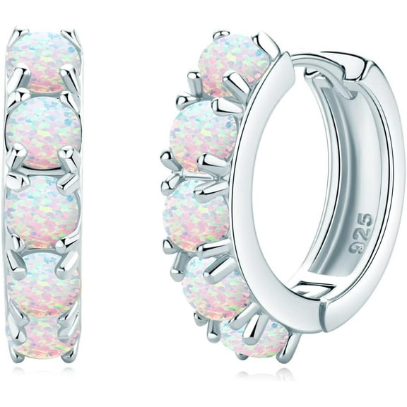Sterling Silver Opal Hoop Earrings for Women, 14K Gold Plated Hypoallergenic Round Cut Earrings, Birthstone Birthday Gift Fine Jewelry for Her Mothers Day