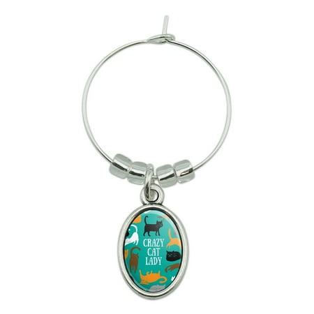 

Crazy Cat Lady Teal Orange Black Brown Wine Glass Oval Charm Drink Marker