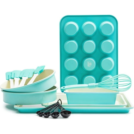 

Bakeware Healthy Ceramic Nonstick 12 Piece Baking Set with Cookie Sheets Muffin Cake and Loaf Pans including utensils PFAS-Free Turquoise