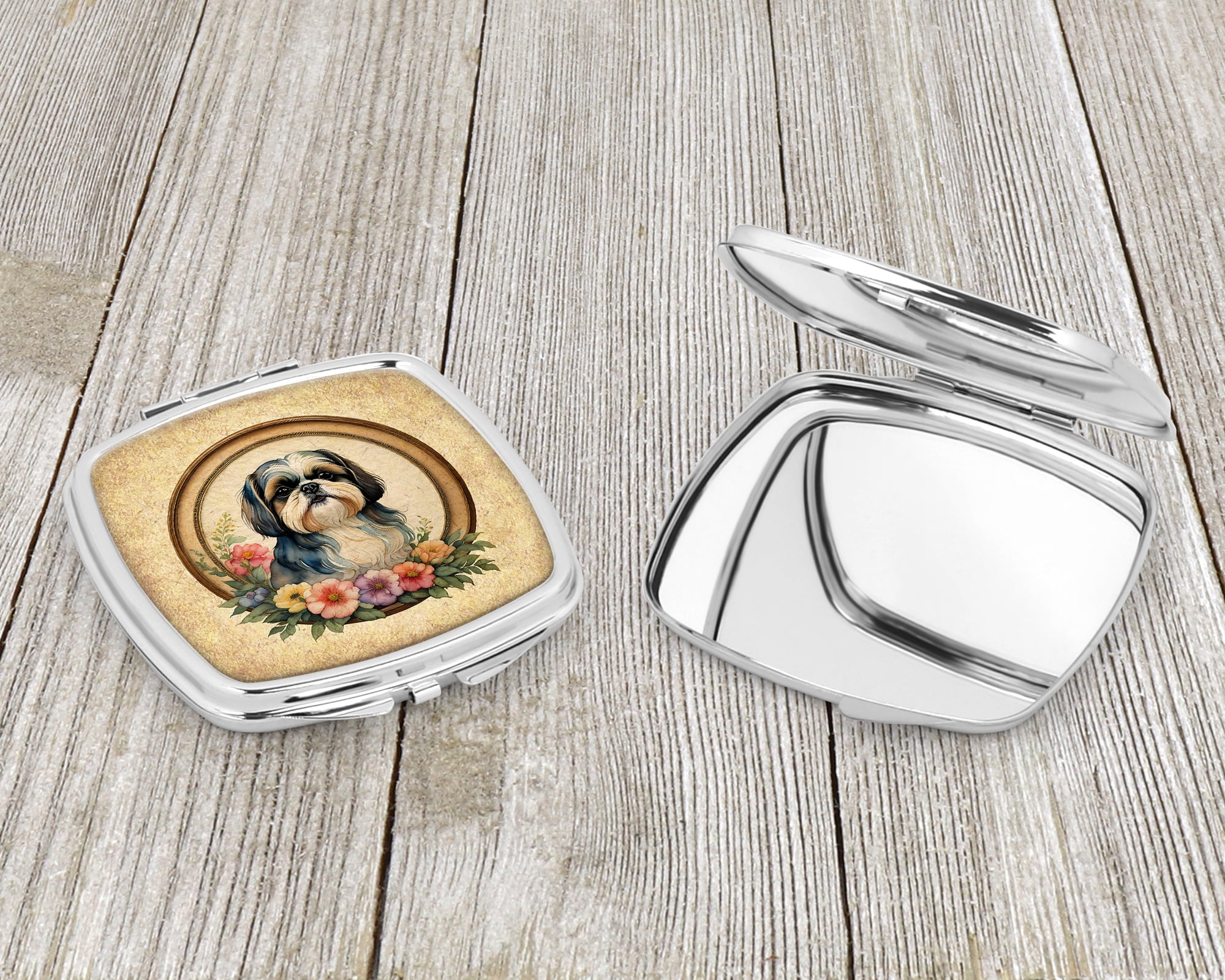 Shih Tzu and Flowers Compact Mirror 2.75 in x 3 in
