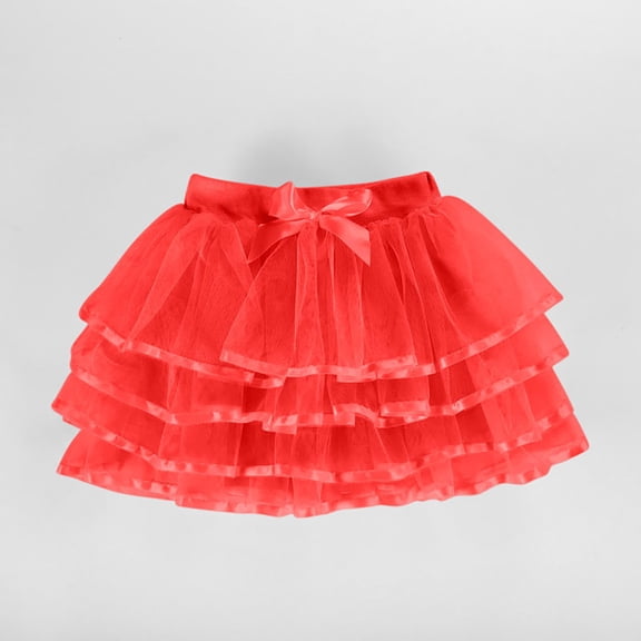 Girls' Mesh Mini Skirt Cute Bow Elastic Waist Cake Layered Princess Tulles Dance Skirts Red 10-11Y