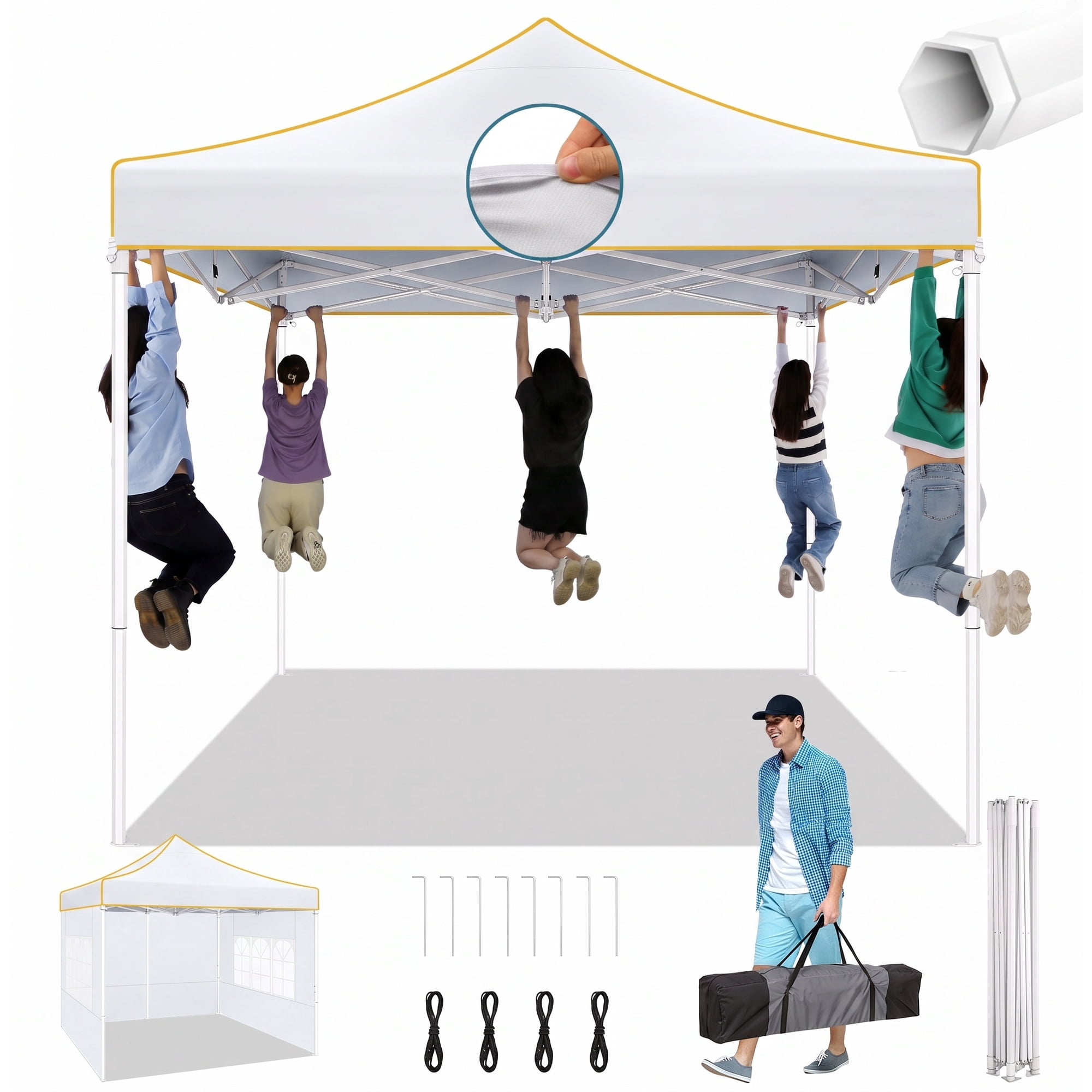 SANOPY 10' x 10' Heavy Duty Pop up Canopy Tent with 4 Sidewalls, Commercial Instant Waterproof Canopy Tent, UV 50+ with Silver Coated, Upgraded Thickened Hexagonal Legs, White
