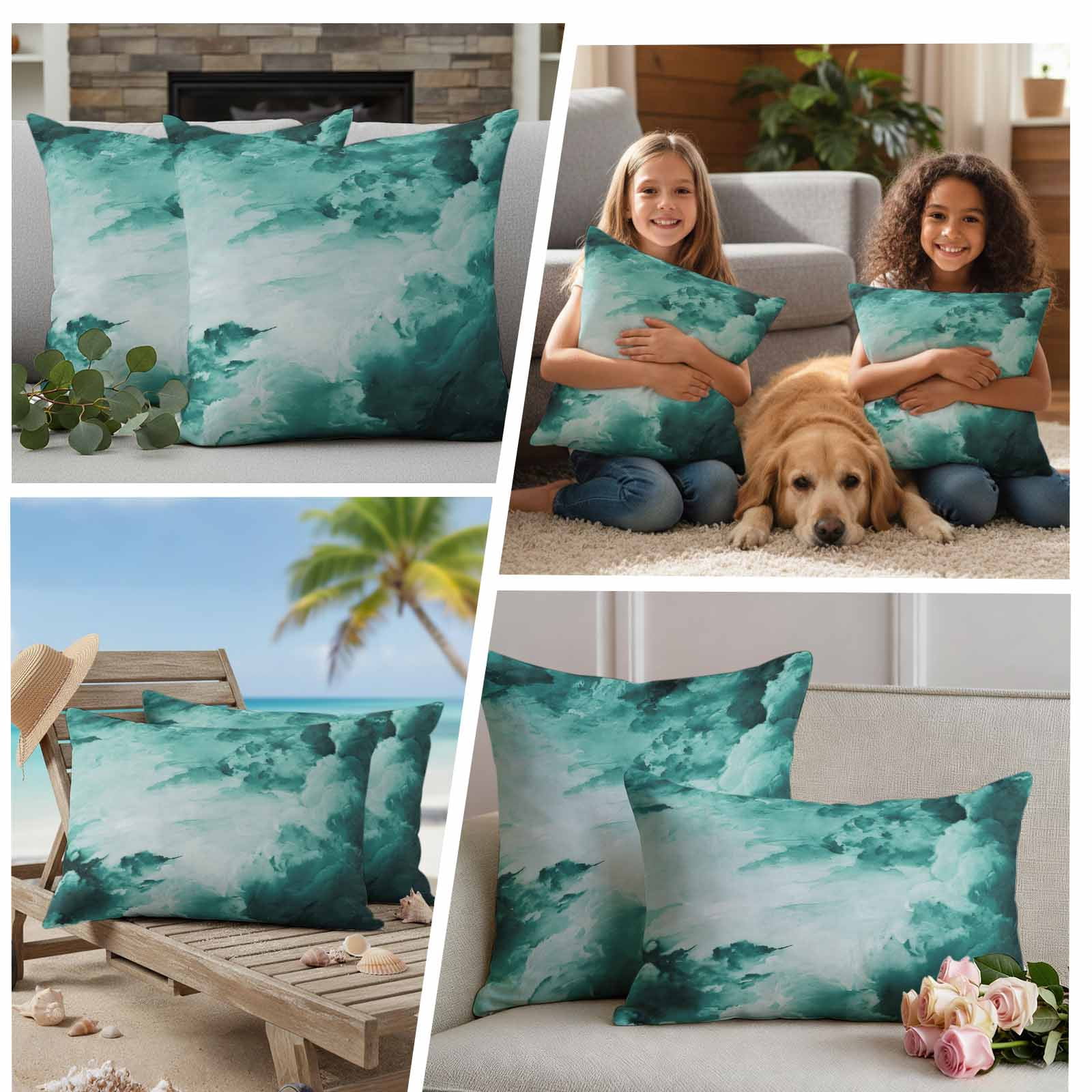 Teal Green Ombre Clouds Outdoor Waterproof Pillow Covers, Modern Abstract Gradient Cloud Decorative Square Throw Pillowcase Sofa Cushion Sham for Patio/Couch/Chair, 26"x26" 2 Pack