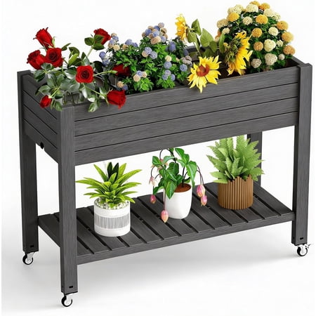 Zenjohn Elevated Raised Garden Bed with Legs, 33.66" Tall Self-Watering Resin Outdoor Planter Box with Storage Shelf, Drain Plug Water & Monitor for Plants Vegetables Flowers Fruits (Black)