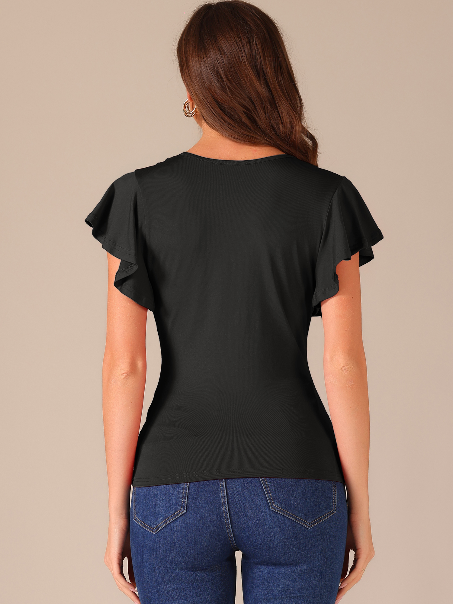 DARING DIVA Women's Stylish V Neck Cinched Waist Ruffle Sleeve Blouse S Black