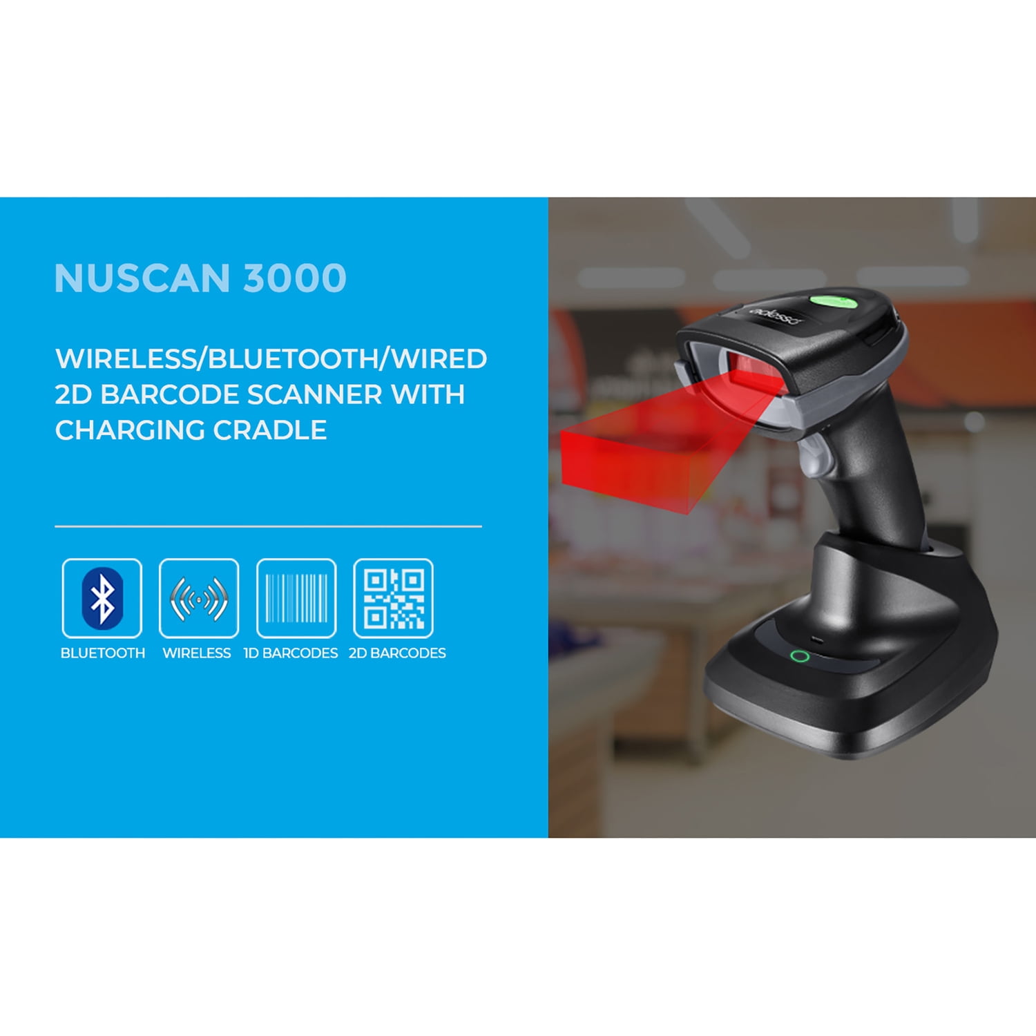 Adesso NuScan 3000 Bluetooth/2.4-GHz/USB Wired 2D Handheld Barcode Scanner with Charging Cradle